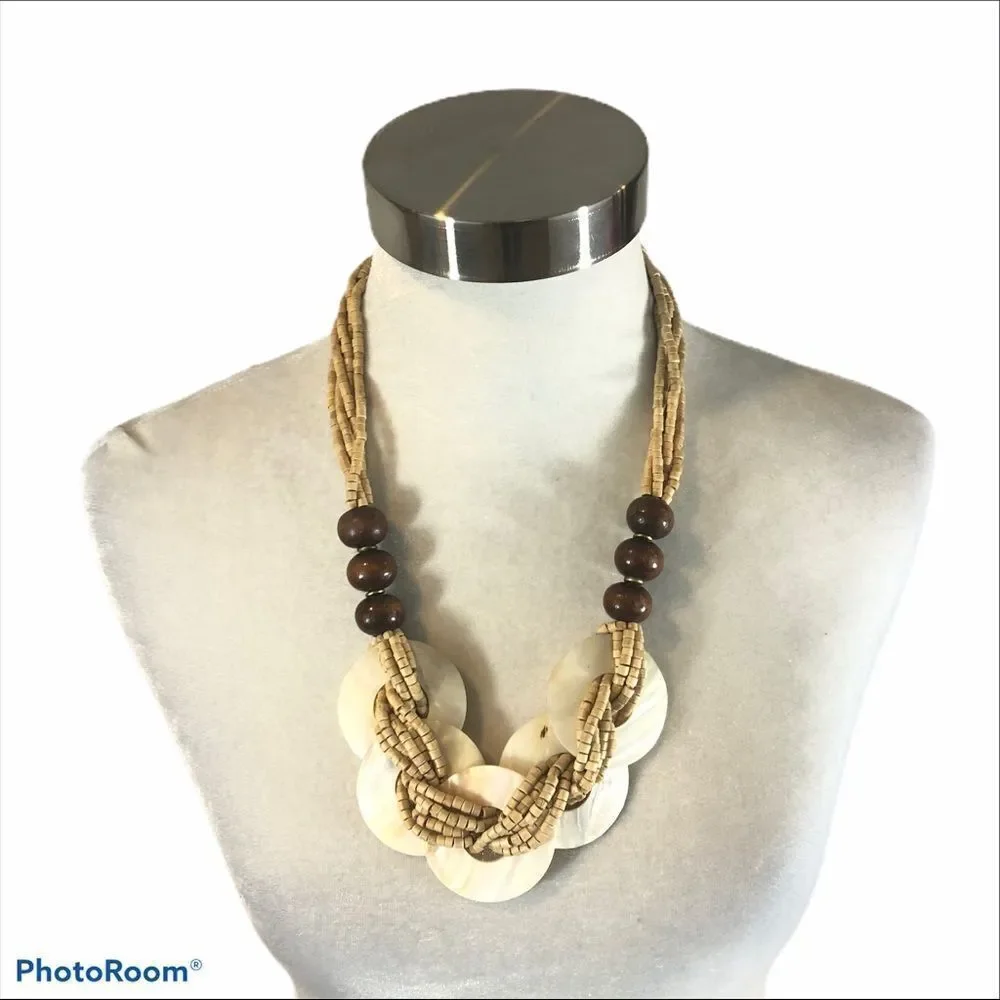 Natural Wooden and Shell Bead Necklace 25” Long